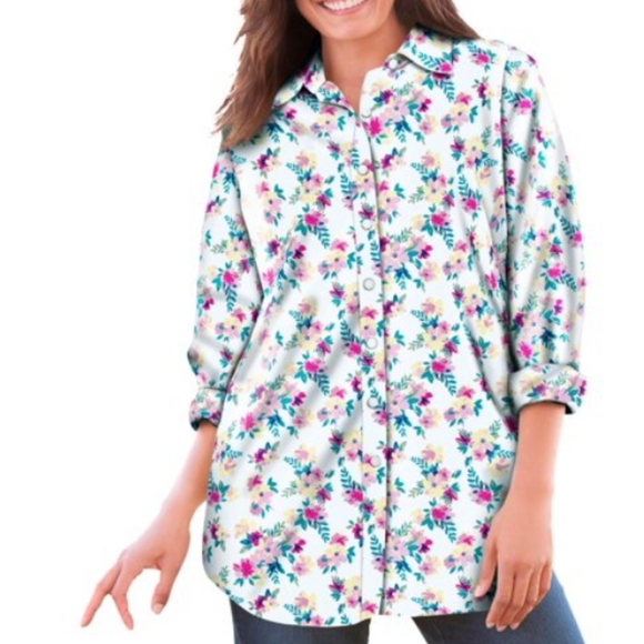 Tulip floral tunic button down blouse - Picture 1 of 5